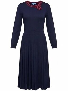DRAPER JAMES Navy Long-Sleeve Pleated Dress with Red Trim BNWT